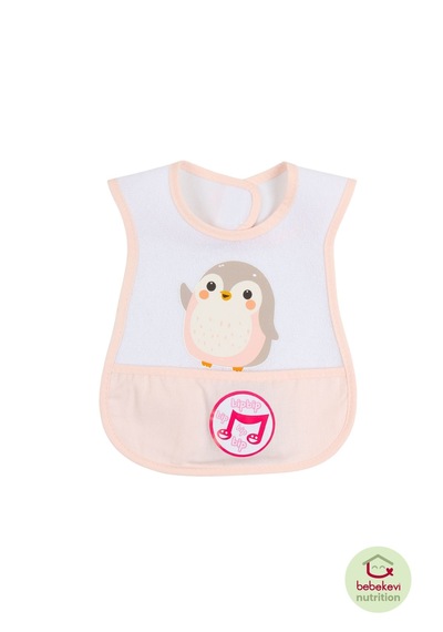 Düdüklü Cepli Sıvama Mama Önlüğü - Minik Penguen Pembe Bebek Önlüğü Açık Pembe
