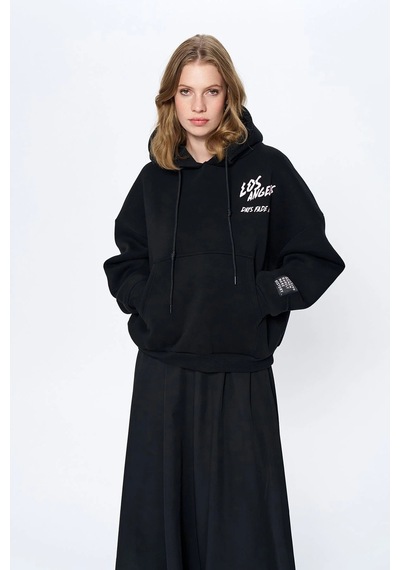 Olla Collection Sırtı Baskılı Kanguru Cepli Kapüşonlu Sweatshirt Siyah Siyah