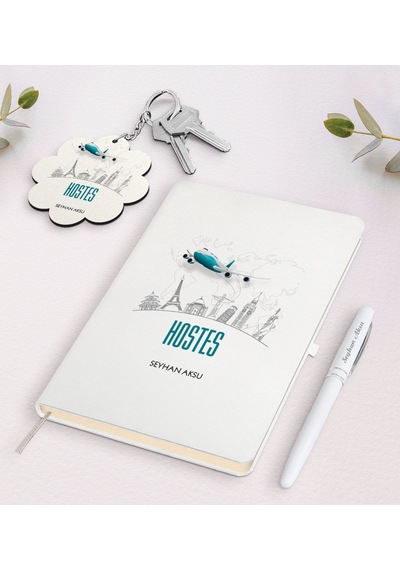 Kişiye Özel Hostes Beyaz Defter Kalem Ve Anahtarlık Seti-1