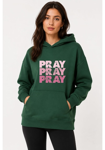 Herkesemoda Pray Baskılı Kapüşonlu 2 İplik Şardonlu Sweatshirt Yeşil