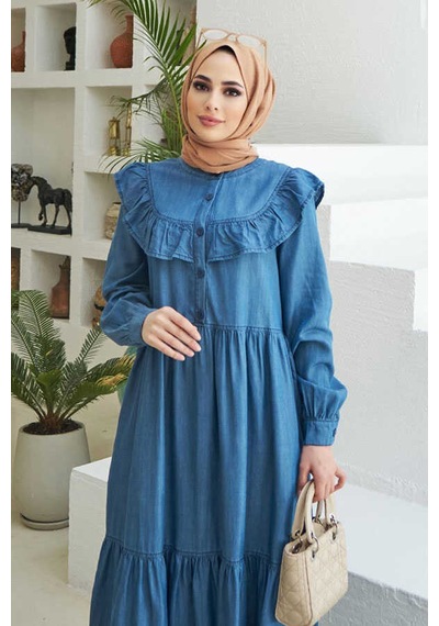Neways 6594 - Fırfırlı Liyosel Elbise Koyu Mavi
