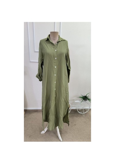 Butik İstanbul Kadın Uzun Kollu Yakalı Önden Düğmeli Geniş Kesim Detaylı Uzun Elbise Turuncu