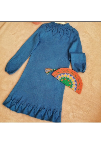 Kemzey Handmade Saks Mavisi Triko Elbise , Örgü Yaprak Desenli Midi Elbise Saks