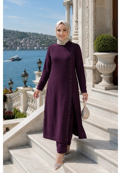 Hb Harma Time Butik Kadın İnci İşlemeli Bordo Tunik-pantolon İkili Takım
