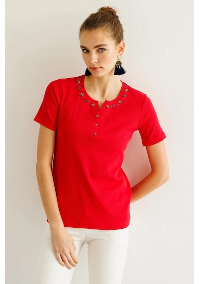 Desen Triko Kadın Açma Yaka Boncuk İşlemeli T-shirt 24754 Kırmızı Kırmızı Desen Triko Kadın Açma Yaka Boncuk İşlemeli T-shirt 24754 Kırmızı Kırmızı