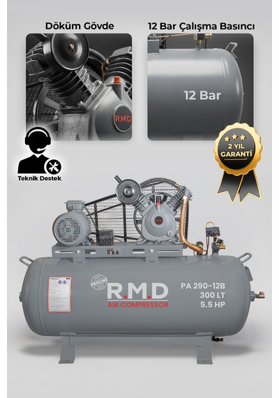 Pistonlu Hava Kompresörü 300 Lt 2 Kafa 12 Bar 5.5 Hp I Paı290ı12b