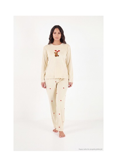 Lela Desenli Yumuşak Dokulu Uzun Kollu Pijama Takımı Kadın Pijama Takımı 65750155 Bej