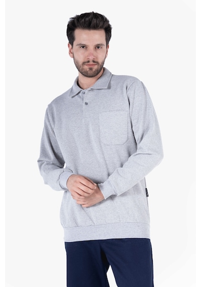 İki İplik Polo Yaka Cepli Sweatshirt Gri Melanj