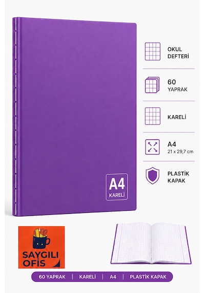 Saygılıofis 60 Yaprak A4 Dikişli Düz Pp Kapak Kareli Defter Mor