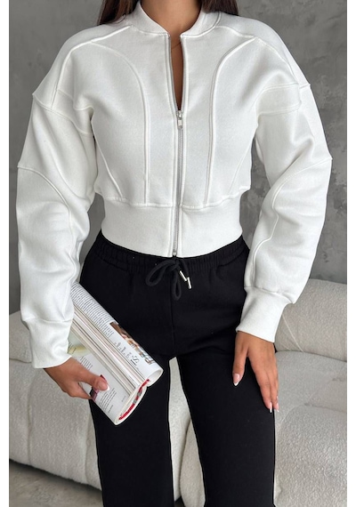 Noa & Noa Kadın Fermuarlı Fit Cropped Sweatshirt Sportif & Şehirli Stil Beyaz