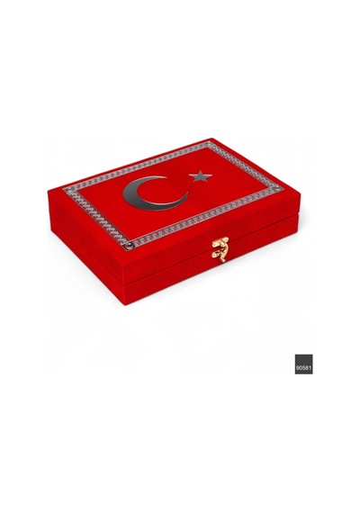 Furkan Hediyelik Türk Bayraklı Kutulu Ay Yıldızlı Kadife Kuranı Kerim Seti