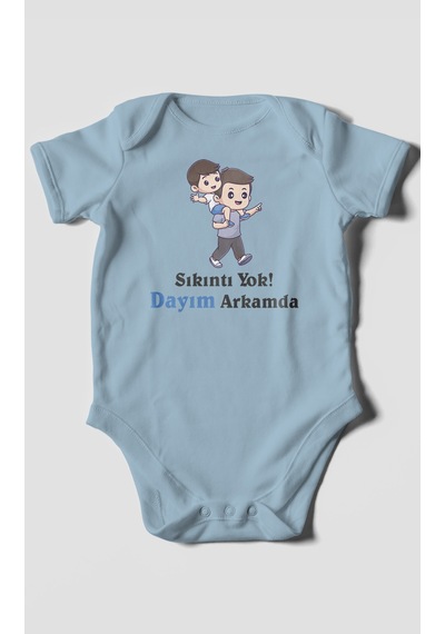 Sıkıntı Yok Dayım Arkamda Baskılı Bebek Zıbını Çıtçıtlı Body %100 Pamuk Kısa Kol Bebe Mavisi