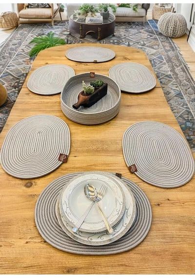 Supla Takımı, 7-li Doğal Jüt, Desenli, Hasır, Amerikan Servis Takımı, Tabak Altlığı, Ekmek Sepe Diğer