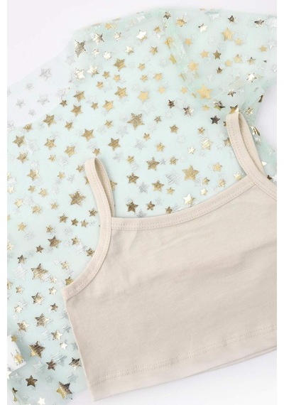 Le Mabelle Mint Yıldız Baskılı Kısa Kollu Kız Çocuk Tül Crop Mint