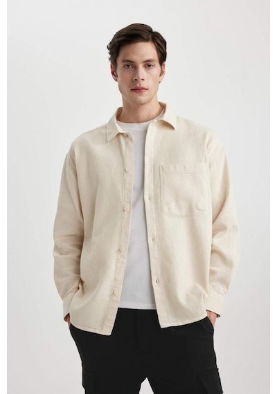 DeFacto  Oversize Geniş Kalıp Polo Yaka Waffle Uzun Kollu Gömlek C2841AX24SPBG734