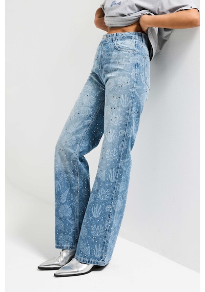 it's basic Kadın Kot Rengi T-2s6-27 Straight Fit Özel Baskılı Kumaş Parlak Taşlı Tasarım Denim Jean
