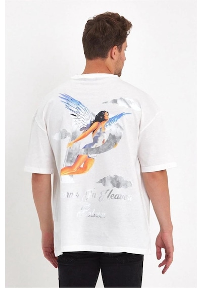 Barlashive Erkek Kısa Kol Tişört Bisiklet Yaka Melek Baskılı Oversize T-shirt - Beyaz Çok Renkli