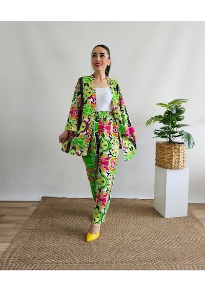 İpli Yeşil Renk Etnik Desenli Viskon Kumaş Kimono Takım Yeşil