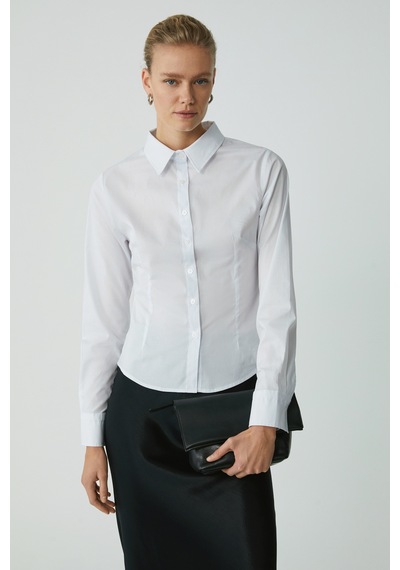 Ethıquet Evangelıne Kadın Slim Fit Dar Kesim Likralı Cepsiz Uzun Kollu Poplin Beyaz Gömlek