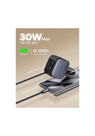 Ugreen 60w Makaralı Dahili Kablolu Hızlı Araç Çakmaklık Şarj Cihazı