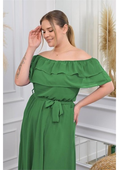 Dip Moda Kadın Şifon Kuşaklı Büyük Beden Elbise Dpnb8061 Yeşil
