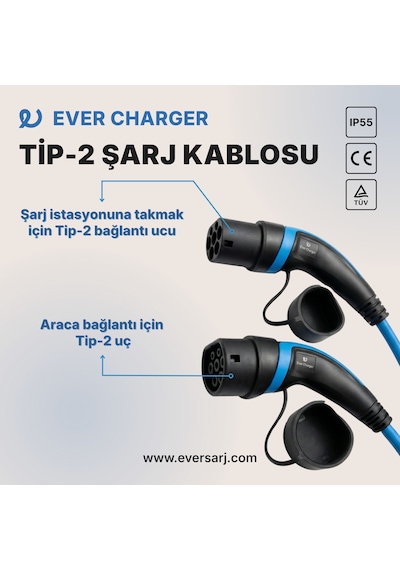 Ever Charger Tip 2 Elektrikli Araç Şarj Kablosu 22 kW – 15 M Mavi