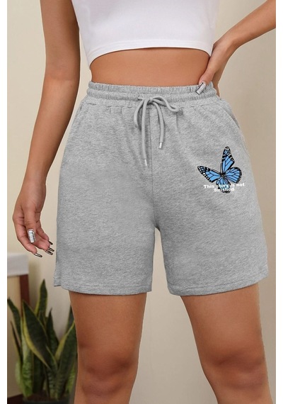 Uyguntarz Tasarım Baskılı Pamuk Unisex Penye Short Gri Melanj