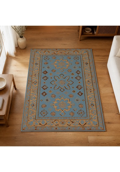 Kartela Halı Rustik Halı Jüt Taban Dokuma Halı Mavi - 60 X 90 Cm
