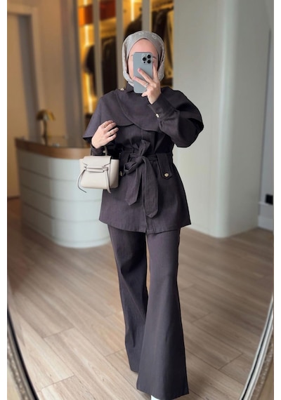 Ka Hijab Pelerinli Kot Takım - Kahverengi