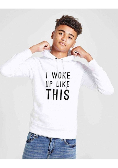 Tshirthane Woke Up Likebaskılı Unisex Çocuk Kapüşonlu Beyaz Sweatshirt
