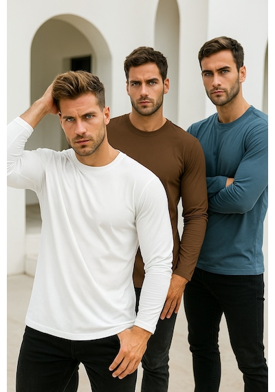 Rich Erkek Kahverengi-indigo-beyaz 3'lü Paket Basic Uzun Kollu Sporcu Body Kahverengi-indigo-beyaz