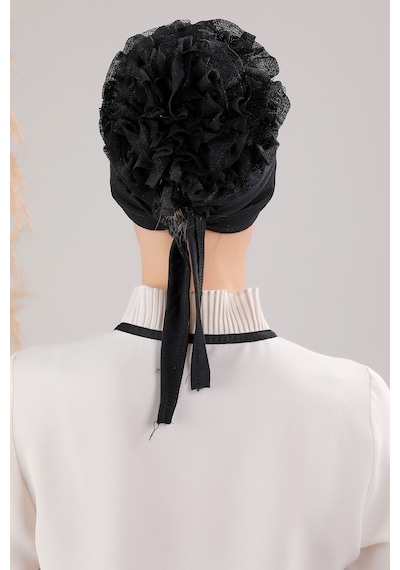 Melodi Scarf Tesettür Fırfırlı Çapraz Bone Siyah Siyah