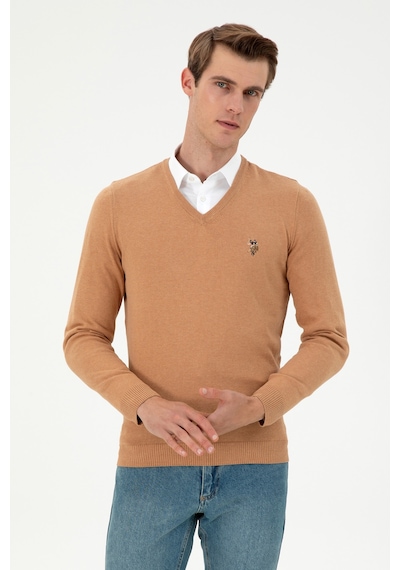 U.S. Polo Assn. Erkek Slim Fit V Yaka Camel Melanj Basic Kazak 50288885-VR122