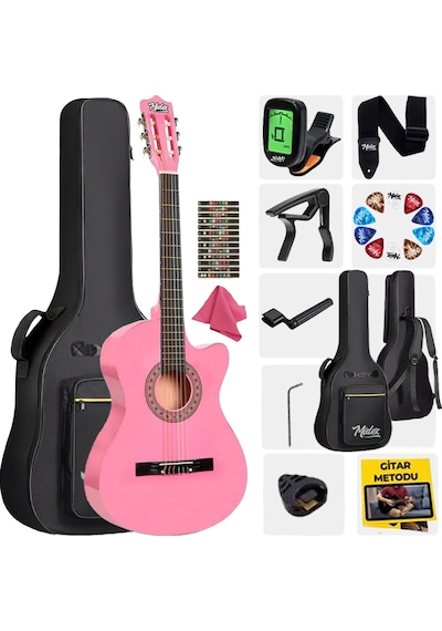 Midex Cg-390pk-xbag Pembe Renk Klasik Gitar 4/4 Sap Ayarlı Kesik Kasa Çanta Tuner Askı Capo Metod Pena