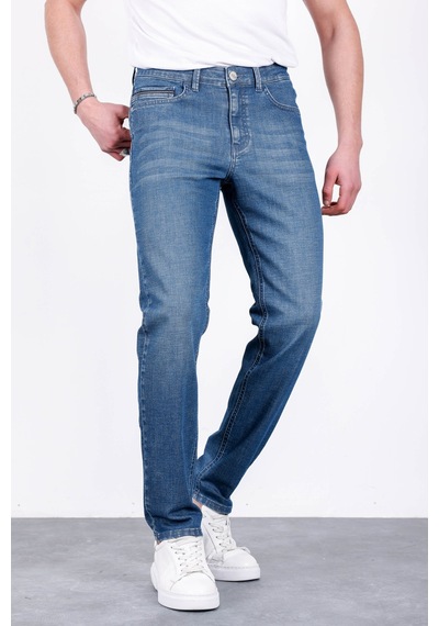 HLT Jeans Erkek Şerit Detaylı Puslu Mavi Regular Fit Boru Paça Esnek Likralı Jeans Kot Pantolon Hlthe001965 Beyaz - Mavi