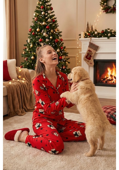 Lela Streç Standart Fit Desenli Bayan Pijama Takımı 60956602 Kırmızı