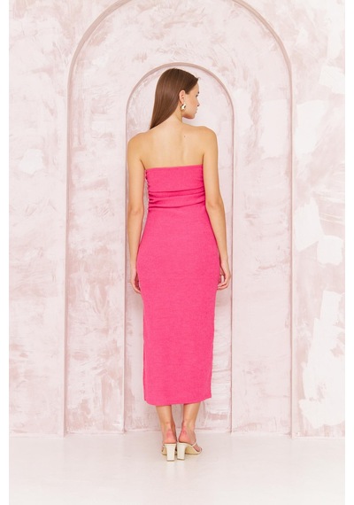 Darlin Moda Kadın Bodycon Straplez Bürümcük Midi Elbise Açık Pembe