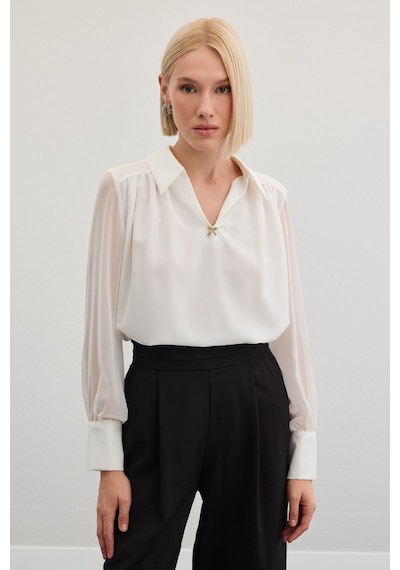 Sateen Aksesuarlı Salaş Bluz - Ekru-136472 Ekru