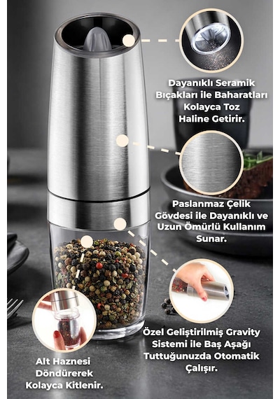 Primanova Gadget Gravity Paslanmaz Çelik Otomatik Tuz & Karabiber Öğütücü Pilli