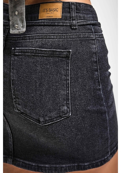 Kadın Koyu Füme 2s6-1 Straight Fit Kemer Detaylı Elastan Mini Denim Etek