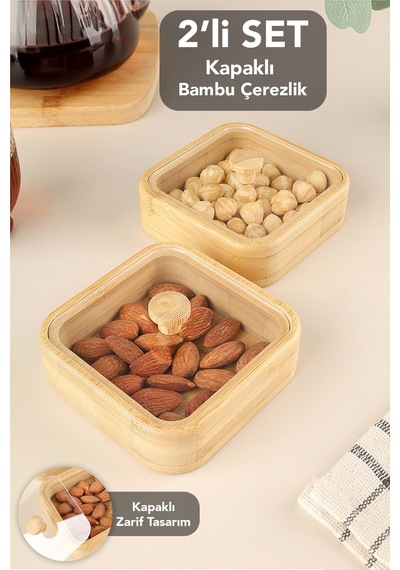 2'li Kapaklı Bambu Çerezlik Seti - Kahve Yanı Sunum Kasesi Sunumluk Kahvaltılık Bambu Kase Bej