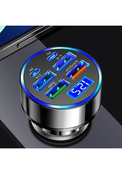 Dijital Ekranlı 6 Çıkışlı Süper Hızlı Araç Içi Şarj Aleti Başlığı Süper Hızlı Şarj Mevcuttur Usb + Type-c