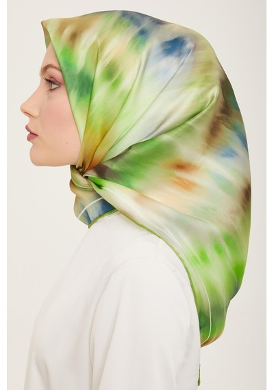 Armine Lacivert Neon Yeşil Batik Desen Tivil İpek Eşarp 9136-02