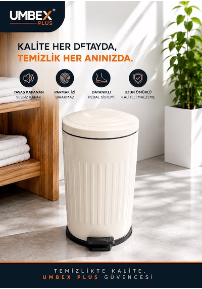 16 Lt Amortisörlü Krem Renk Yavaş Kapanır Çöp Kovası Banyo Ve Mutfaklarınızda Kullanıma Uygun İç Kovalı