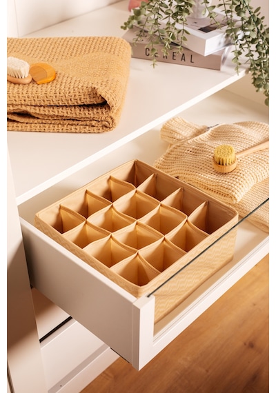 Serstil 16 Gözlü Çekmece İçi Dolap Çorap / İç Çamaşırı Katlanabilir Düzenleyici Organizer Kutu 28x28x12 Cm Martı Bej