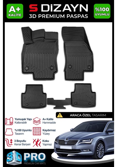 Skoda Superb 3d Pro Havuzlu Paspas 2015-2023 A+ Kalite 3ds-sdz068