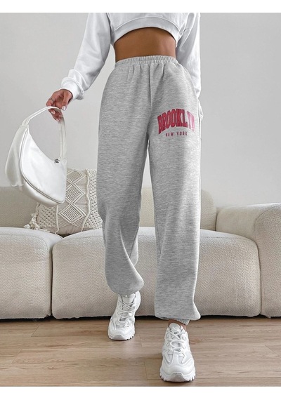 Kadın Gri Brooklyn Baskılı Lastik Paça Eşofman Altı Jogger 2 Iplik Şardonsuz Gri