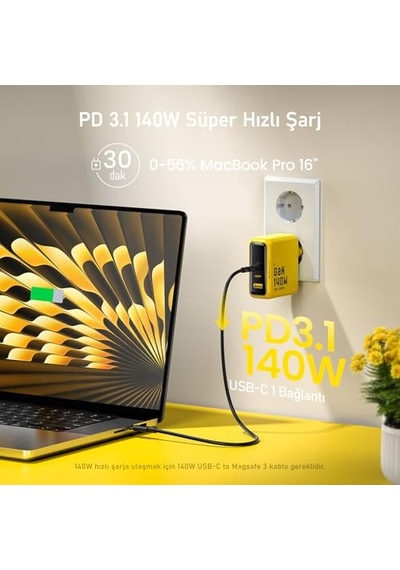 Gan Hızlı Şarj Istasyonu 3 Usb-c Ve 2 Usb-a Port Pd Qc Pps Destekli Led Ekranlı 5a Hızlı Şarj Akım Korumalı Aş