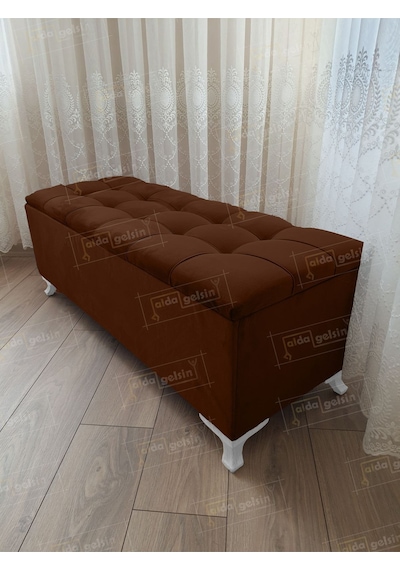 Çizgi Kapitoneli Sandıklı Puf 90 Cm Beyaz Ayak Beyaz