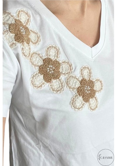 Cassime Kadın Beyaz %100 Pamuk Regular/normal Kalıp Çiçek Nakışlı Örme T-shirt Bej